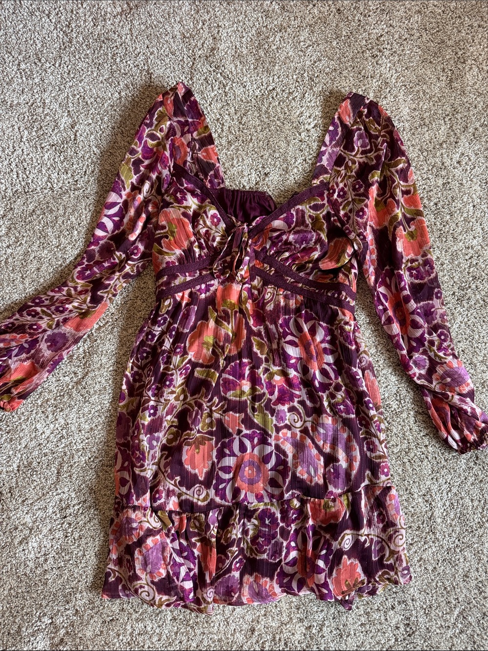 Very J Purple Pink and Orange Floral Long Sleeve V-Neck Dress